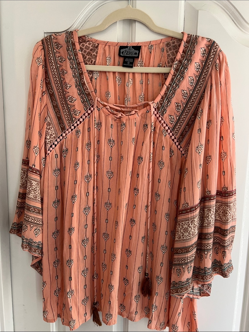 Angie Peach Printed Boho Peasant Tunic